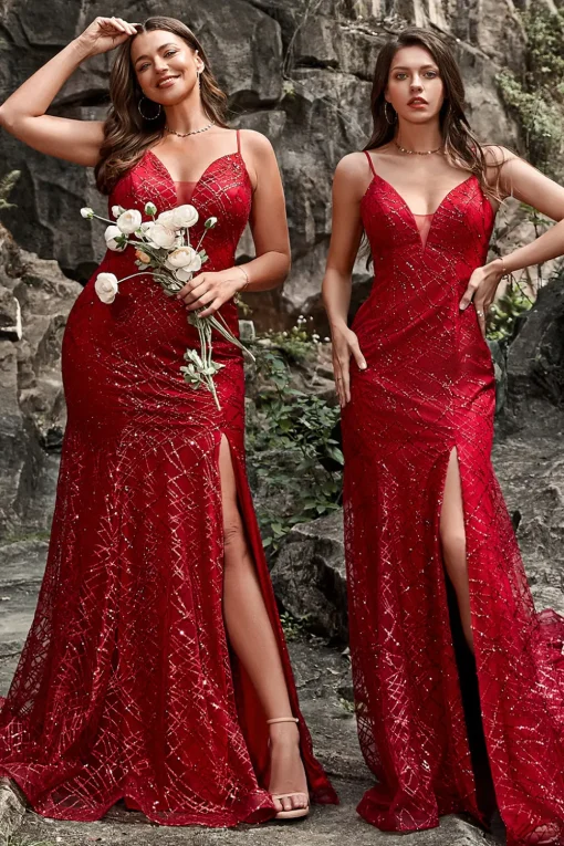 Dark Red Spaghetti Straps Mermaid Prom Dress with Slit
