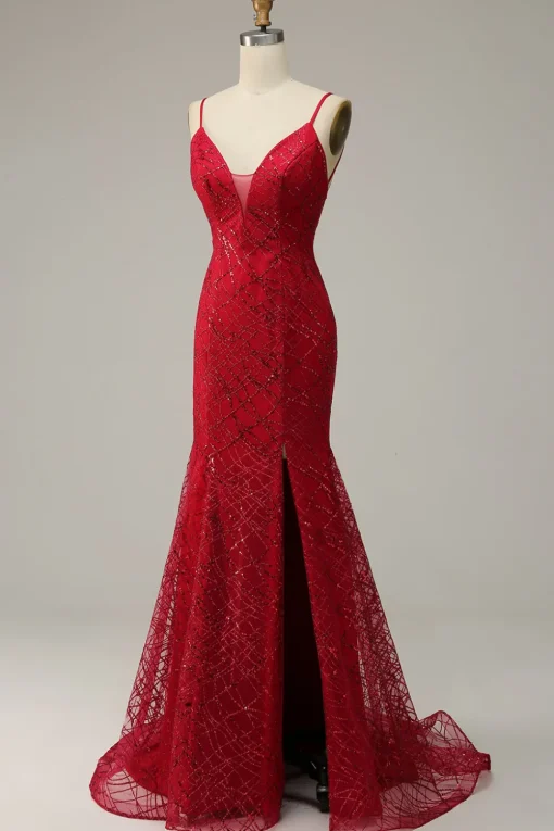 Dark Red Spaghetti Straps Mermaid Prom Dress with Slit