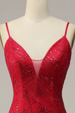 Dark Red Spaghetti Straps Mermaid Prom Dress with Slit