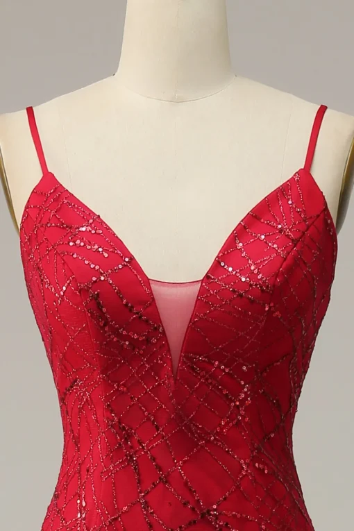 Dark Red Spaghetti Straps Mermaid Prom Dress with Slit
