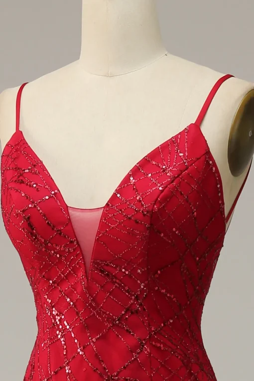Dark Red Spaghetti Straps Mermaid Prom Dress with Slit