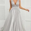 Deep V Neck Grey Long Prom Dress with Appliques