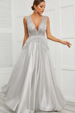 Deep V Neck Grey Long Prom Dress with Appliques