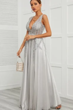 Deep V Neck Grey Long Prom Dress with Appliques