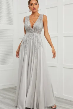 Deep V Neck Grey Long Prom Dress with Appliques