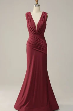 Deep V-neck Burgundy Mermaid Prom Dress with Ruffles