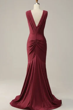 Deep V-neck Burgundy Mermaid Prom Dress with Ruffles