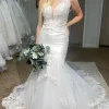 Deep V-Neck Mermaid White Long Wedding Dress with Lace