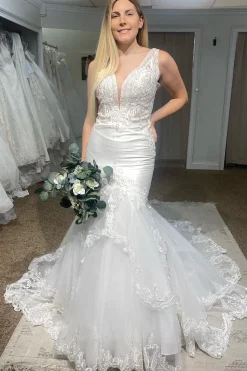 Deep V-Neck Mermaid White Long Wedding Dress with Lace