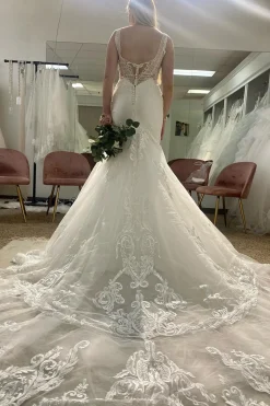 Deep V-Neck Mermaid White Long Wedding Dress with Lace