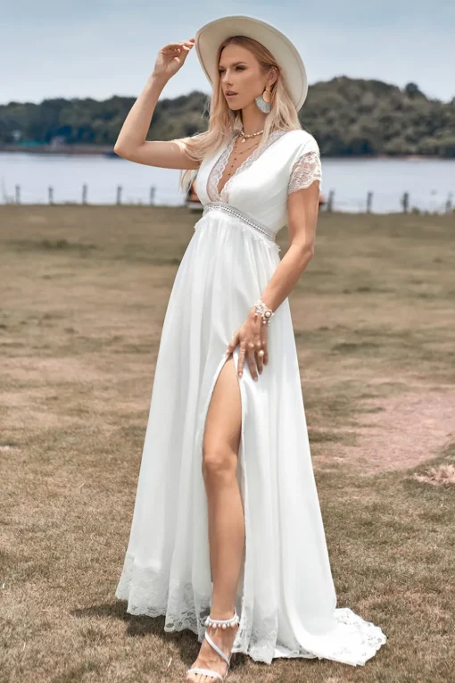 Deep V-neck Simple Boho Wedding Dress with Slit
