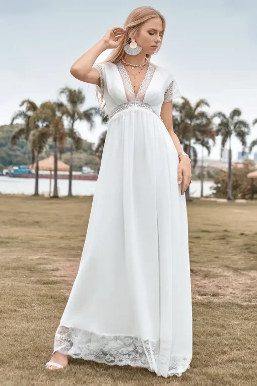 Deep V-neck Simple Boho Wedding Dress with Slit