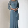 Dusty Blue 3/4 Sleeve Lace Chiffon Mother of The Bride Dress