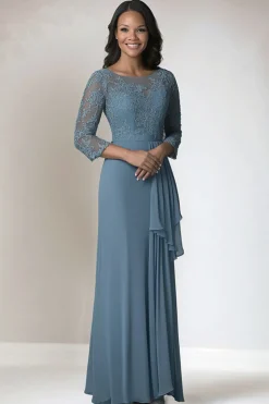 Dusty Blue 3/4 Sleeve Lace Chiffon Mother of The Bride Dress