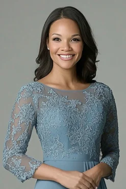 Dusty Blue 3/4 Sleeve Lace Chiffon Mother of The Bride Dress