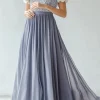 Dusty Blue A Line Lace Chiffon Bridesmaid Dress With Short Sleeves