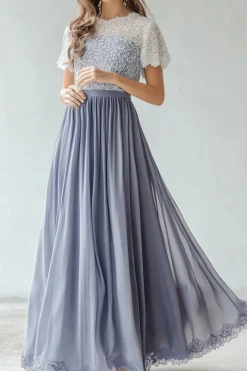 Dusty Blue A Line Lace Chiffon Bridesmaid Dress With Short Sleeves