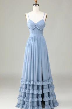 Dusty Blue Corset Spaghetti Straps Bridesmaid Dress With Criss Cross Back