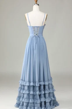 Dusty Blue Corset Spaghetti Straps Bridesmaid Dress With Criss Cross Back