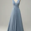 Dusty Blue Deep V Neck A Line Long Bridesmaid Dress