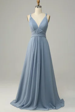 Dusty Blue Deep V Neck A Line Long Bridesmaid Dress
