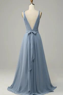 Dusty Blue Deep V Neck A Line Long Bridesmaid Dress