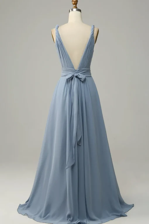 Dusty Blue Deep V Neck A Line Long Bridesmaid Dress