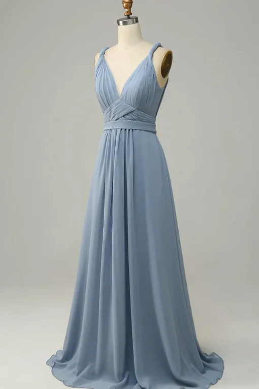 Dusty Blue Deep V Neck A Line Long Bridesmaid Dress