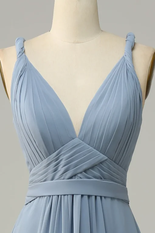 Dusty Blue Deep V Neck A Line Long Bridesmaid Dress