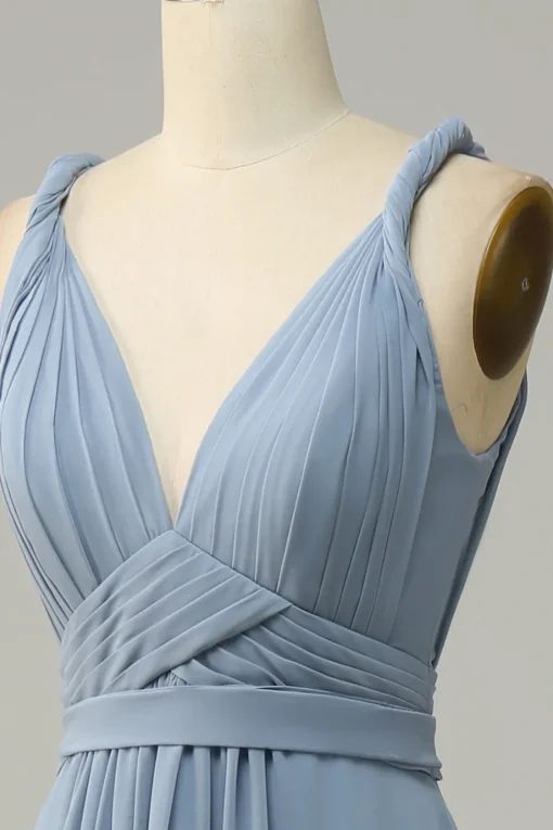 Dusty Blue Deep V Neck A Line Long Bridesmaid Dress