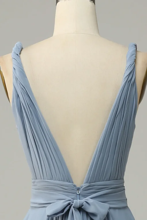 Dusty Blue Deep V Neck A Line Long Bridesmaid Dress
