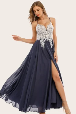Dusty Blue Long Chiffon Prom Dress with Lace