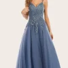 Dusty Blue Long Prom Dress with Lace