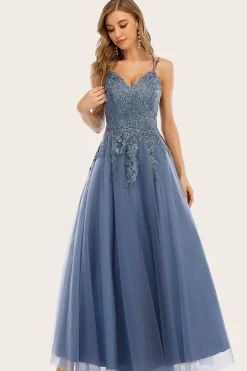 Dusty Blue Long Prom Dress with Lace