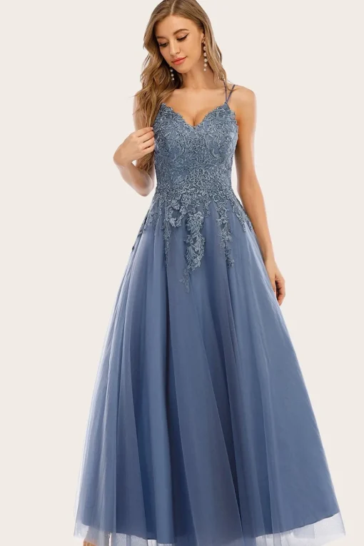 Dusty Blue Long Prom Dress with Lace