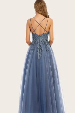 Dusty Blue Long Prom Dress with Lace