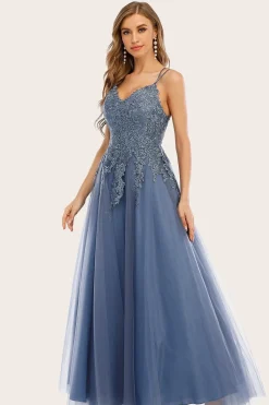 Dusty Blue Long Prom Dress with Lace