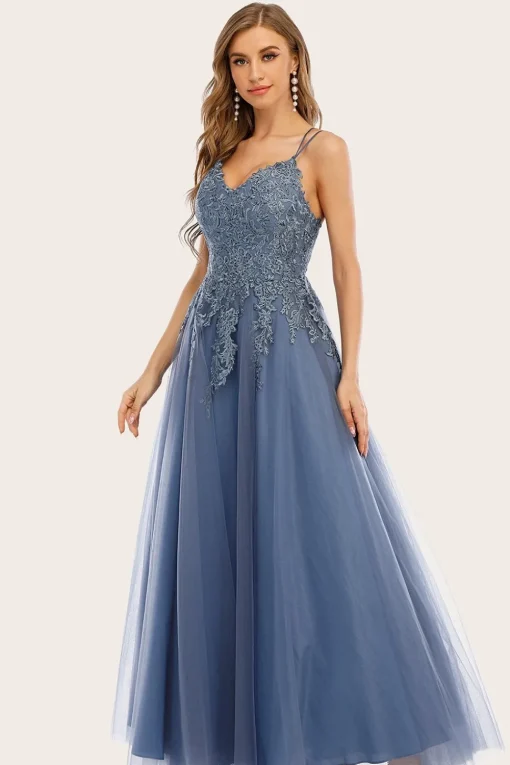 Dusty Blue Long Prom Dress with Lace
