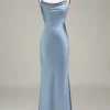 Dusty Blue Sheath Spaghetti Straps Satin Long Bridesmaid Dress