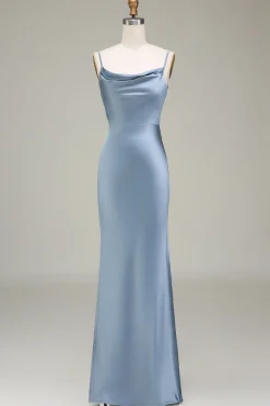 Dusty Blue Sheath Spaghetti Straps Satin Long Bridesmaid Dress