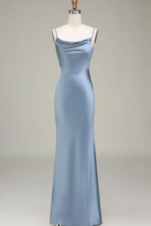 Dusty Blue Sheath Spaghetti Straps Satin Long Bridesmaid Dress