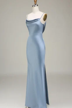 Dusty Blue Sheath Spaghetti Straps Satin Long Bridesmaid Dress