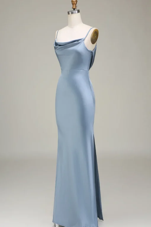 Dusty Blue Sheath Spaghetti Straps Satin Long Bridesmaid Dress