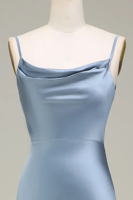 Dusty Blue Sheath Spaghetti Straps Satin Long Bridesmaid Dress
