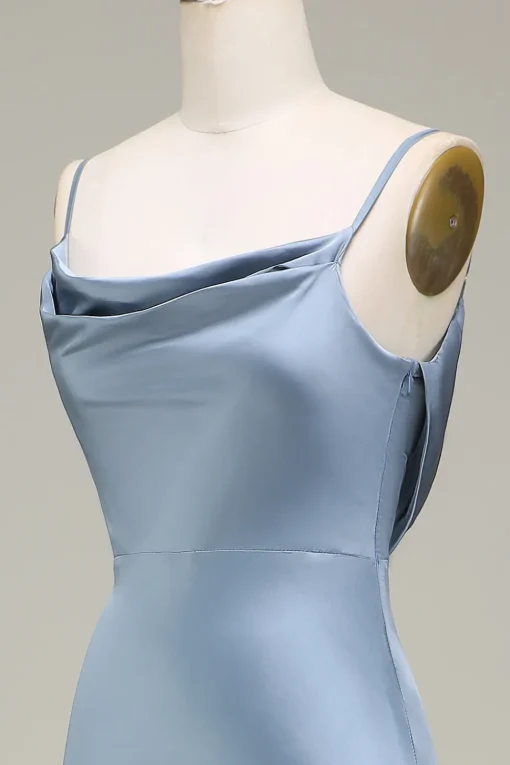 Dusty Blue Sheath Spaghetti Straps Satin Long Bridesmaid Dress