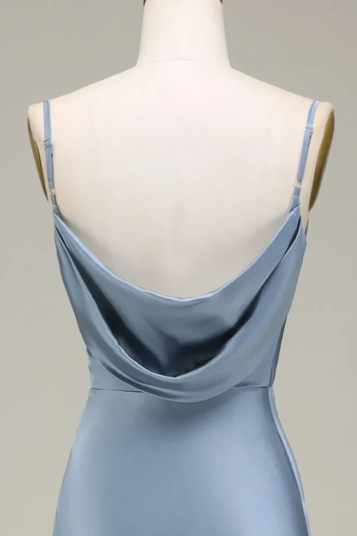 Dusty Blue Sheath Spaghetti Straps Satin Long Bridesmaid Dress