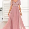 Dusty Rose A-Line V Neck Tulle Prom Dress with Short Sleeves