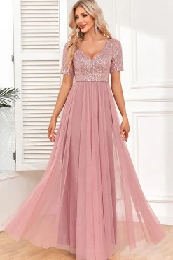Dusty Rose A-Line V Neck Tulle Prom Dress with Short Sleeves