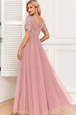Dusty Rose A-Line V Neck Tulle Prom Dress with Short Sleeves
