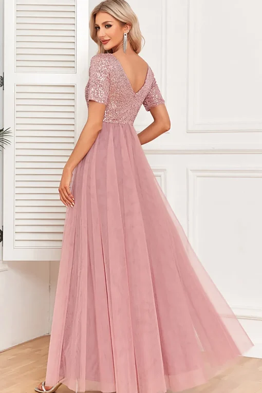 Dusty Rose A-Line V Neck Tulle Prom Dress with Short Sleeves